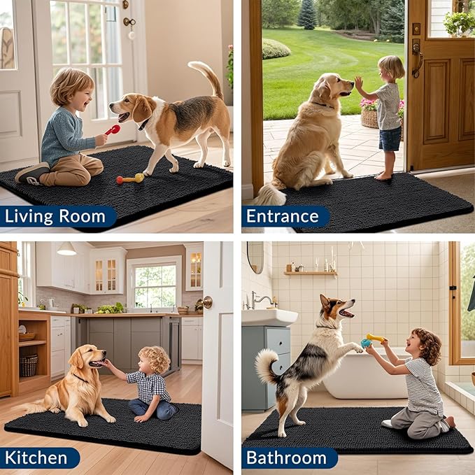 Smiry Dog Door Mat for Muddy Paws 47x20, Absorbs Moisture and Dirt Doormat, Non-Slip Washable Quick Dry Chenille Front Door Mat Indoor Entrance, Entryway Carpet for Inside Floor, Black