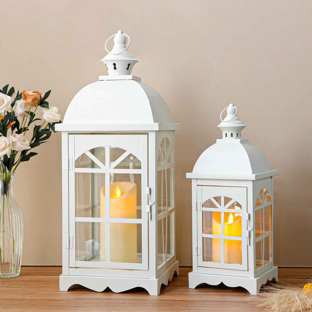 TRIROCKS Set of 2 Decorative Vintage Candle Lanterns 14.5"&20" H Farmhouse Outdoor Hanging Lanterns with Tempered Glass for Porch, Balcony, Patio, Home, Centerpieces, Indoor, Outdoor(White)