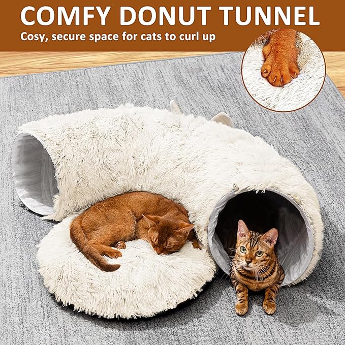 Cat Tunnel with Cat Bed for Indoor Cats, Soft Plush Peekaboo Cat Cave Donut Tunnel, Multifunctional Playground Toys Hideplace for Small Medium Large Kittens, Rabbit, Ferret (Cream White)
