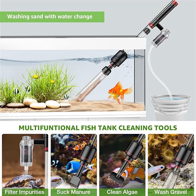 Electric Aquarium Vacuum Gravel Cleaner: 24W Fish Tank Vacuum Gravel Cleaner with Strong Suction for Automatic Water Change Algae Remover Sand Wash Water Shower and Water Circulation, Timed Off