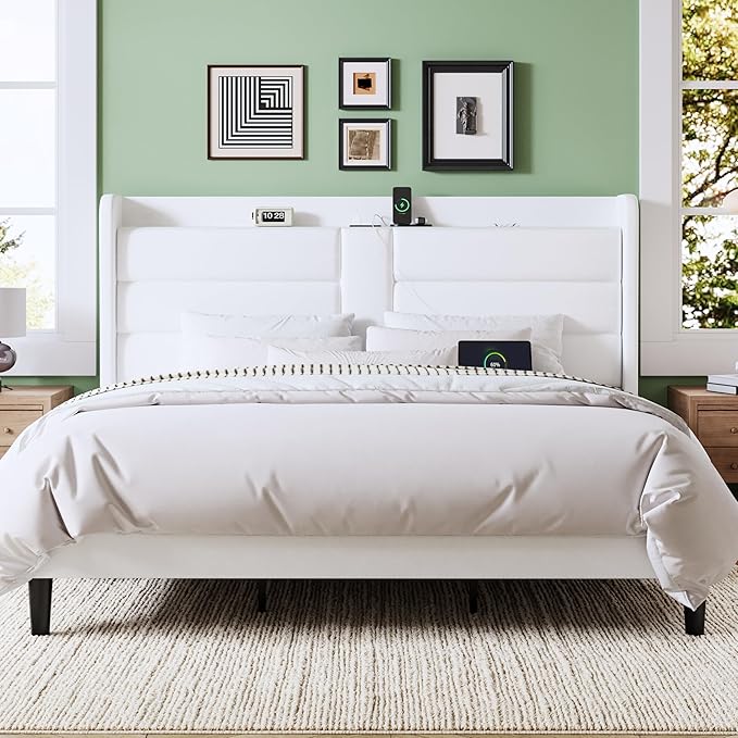 Allewie King Size Platform Bed Frame with Charging Station & Storage Headboard, Upholstered Velvet Wingback Design & USB Port, Strong Wooden Slats Support, No Box Spring Needed, Easy Assembly, White