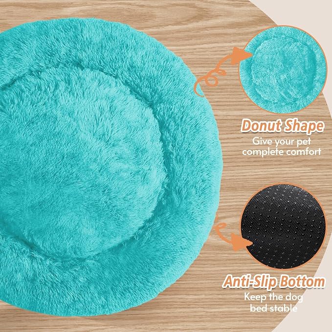 JOLLYVOGUE Calming Dog Bed for Small Dogs - 23 inches Donut Washable Small Dog Bed for Kittens & Puppies, Anti-Slip Round Fluffy Plush Faux Fur Cat Beds (Fits up to 25 lbs Pets, Aqua Blue)