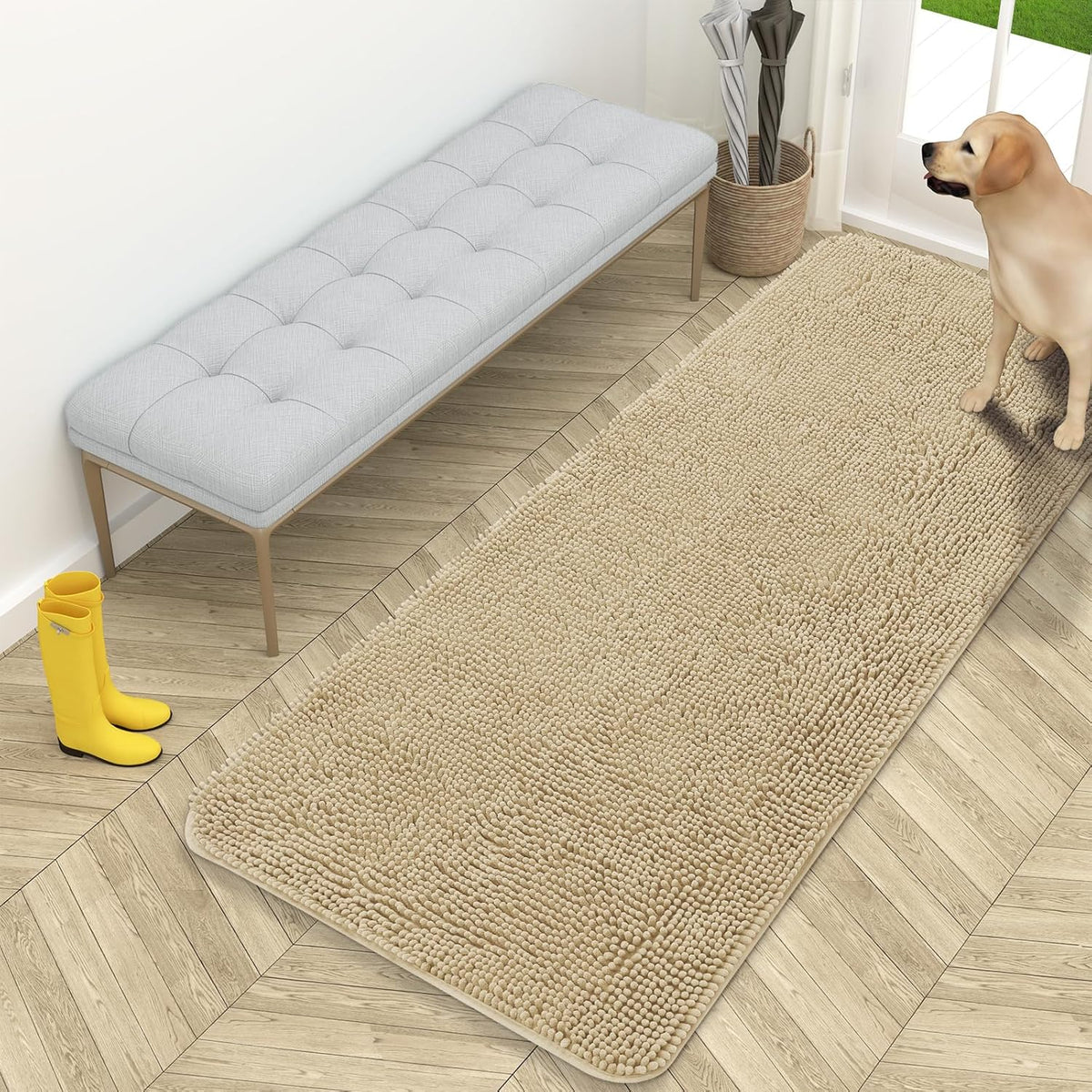 OLANLY Dog Door Mat for Muddy Paws 59x24, Absorbs Moisture and Dirt, Absorbent Non-Slip Washable Doormat, Quick Dry Chenille Mud Mat for Dogs, Entry Indoor Entryway Carpet for Inside Floor, Beige