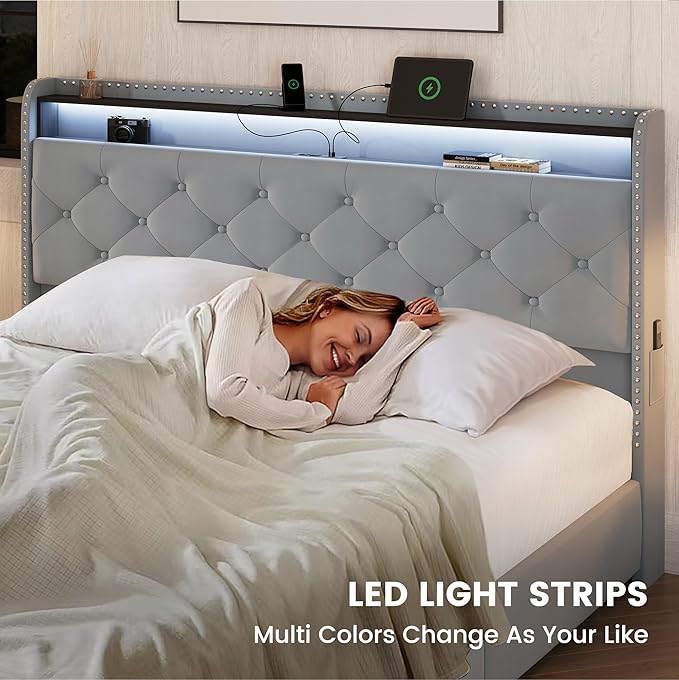 LARMACE Queen Size Bed Frame with Headboard Upholstered Tufted LED Platform Bed Frame Queen with 4 Storage Drawers&USB,Type-C Charging Station,Heavy Duty,No Box Spring Needed,Easy Assembly,Bluish Grey