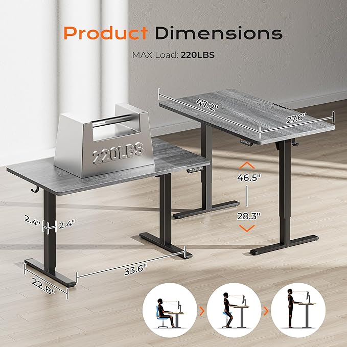Huuger 48 x 28 Large Electric Standing Desk, Height Adjustable Desk, 27.6" Deep Desktop, Stand up Gaming, 2 Hooks, 3 Preset Heights, for Home Office, Grey