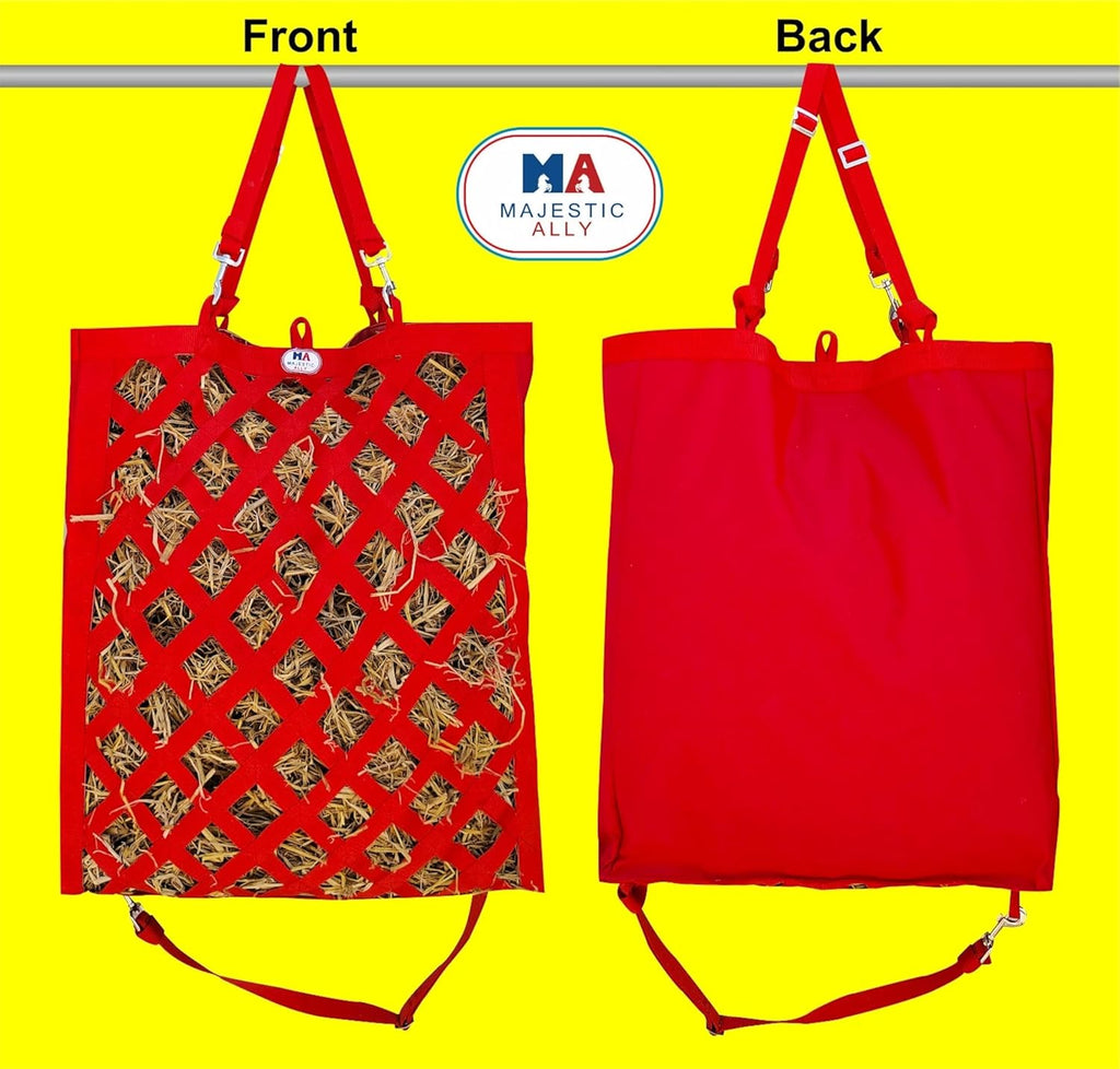 Majestic Ally Premium Nylon Hay Bag for Horses and Livestock, Simulates Grazing, Slow Feeding, Heavy-Duty PP Webbing,Quick-Adjust Straps, Small Hole for Digestion, Multiple Colors (Red)