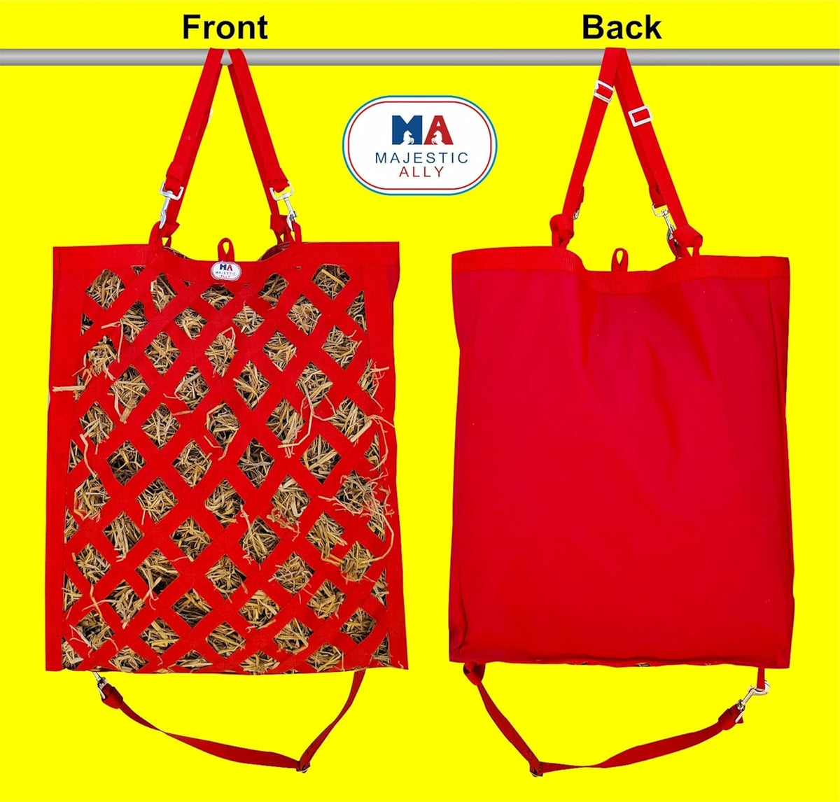 Majestic Ally Premium Nylon Hay Bag for Horses and Livestock, Simulates Grazing, Slow Feeding, Heavy-Duty PP Webbing,Quick-Adjust Straps, Small Hole for Digestion, Multiple Colors (Red)
