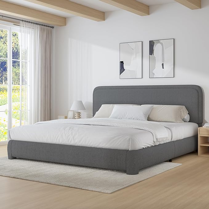 BarnFurin King Size Boucle Bed Frame and Headboard, Cloud Upholstered Platform Bed Frame, Soft Rounded Corners, Modern Style, No Box Spring Required, Easy Assembly, Dark Grey