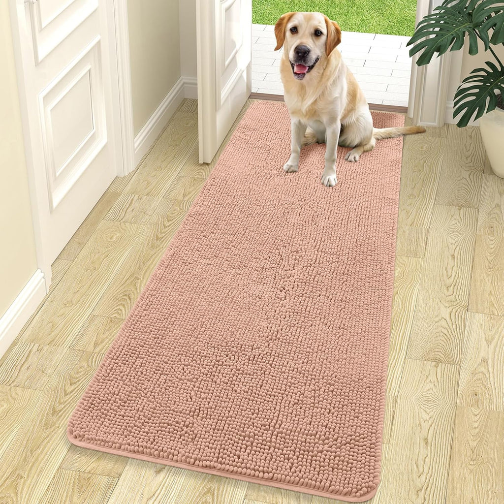 OLANLY Dog Door Mat for Muddy Paws 70x24, Absorbs Moisture and Dirt, Absorbent Non-Slip Washable Doormat, Quick Dry Chenille Mud Mat for Dogs, Entry Indoor Entryway Carpet for Inside Floor, Peach