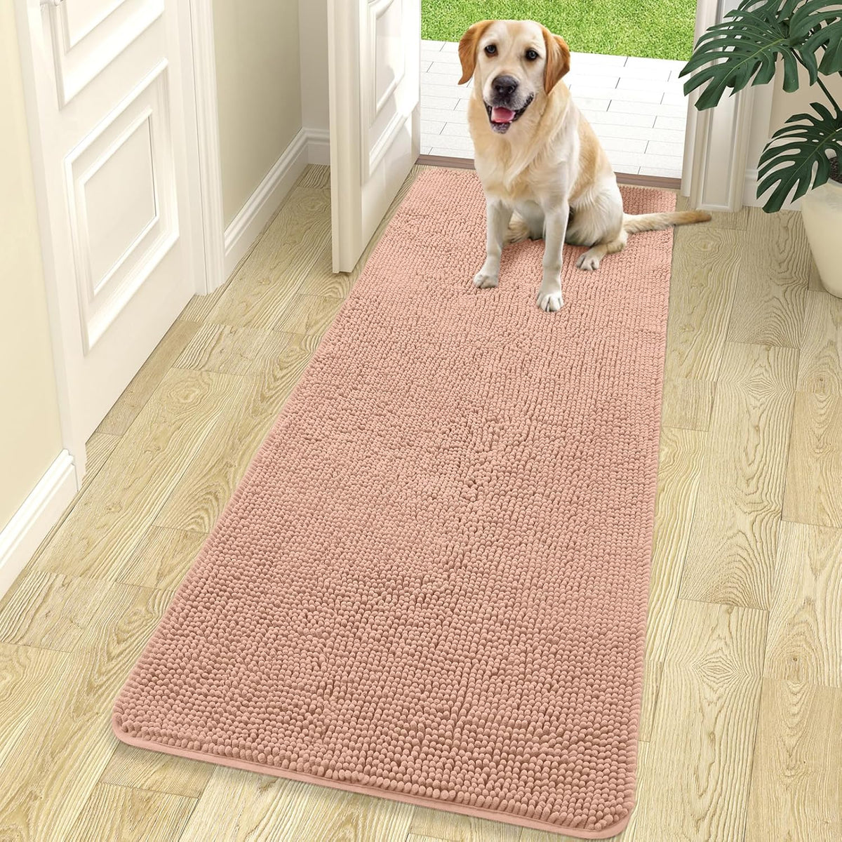 OLANLY Dog Door Mat for Muddy Paws 70x24, Absorbs Moisture and Dirt, Absorbent Non-Slip Washable Doormat, Quick Dry Chenille Mud Mat for Dogs, Entry Indoor Entryway Carpet for Inside Floor, Peach
