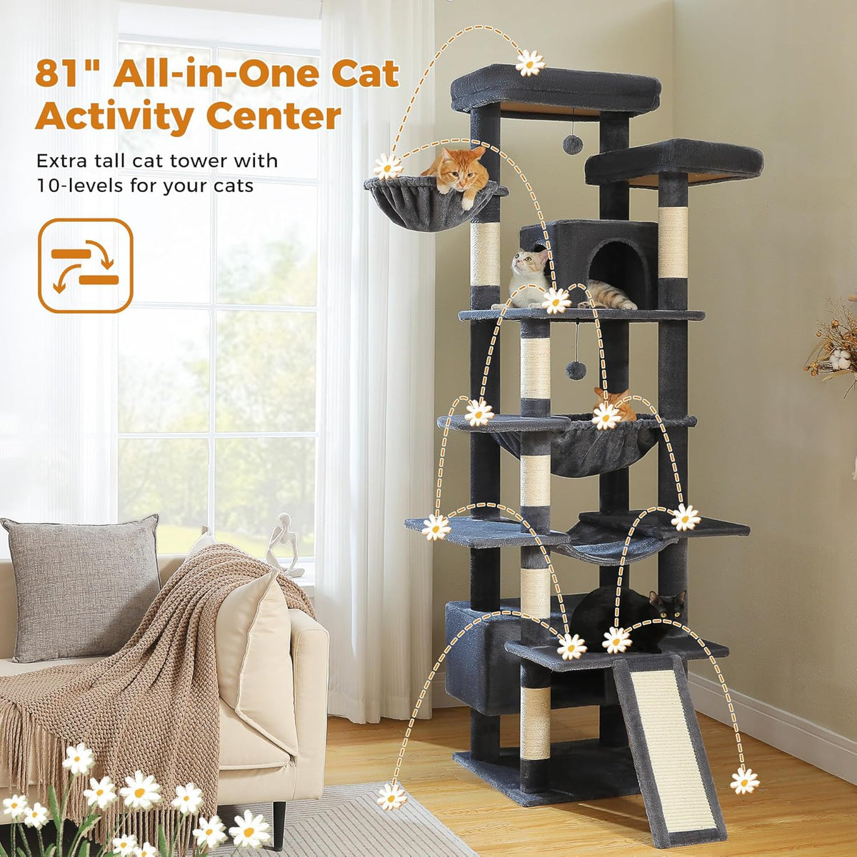 81 Inch Tall Cat Tree for Big Cats & Multi-Cat Homes, Large Heavy Duty Cat Tower with Metal Frame Hammock, 6 Scratching Posts, 2 Condos, 2 Perches, Scratching Pad - Dark Grey