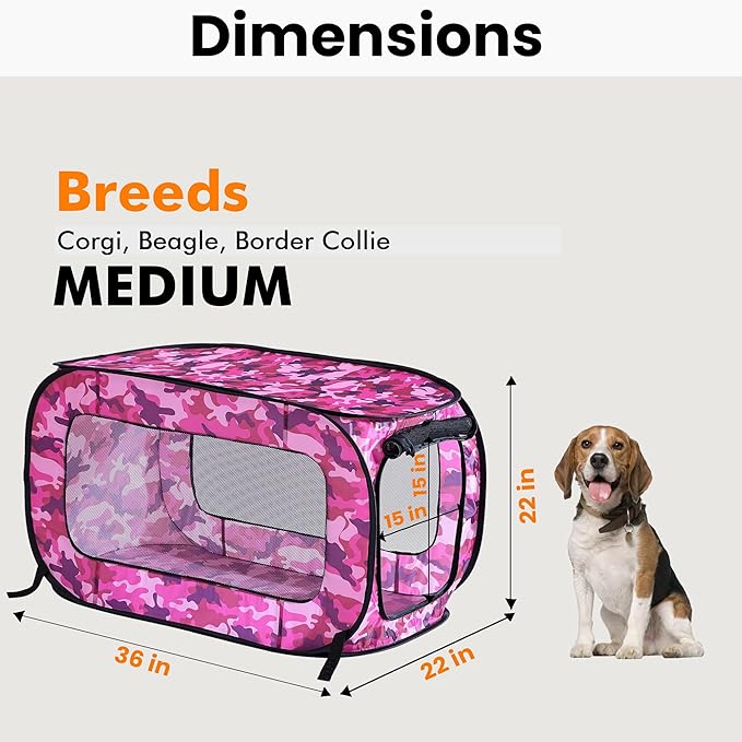 Beatrice Home Fashions Portable, Collapsible, Pop Up Kennel Travel Cat and Dog Crate, 36" L x 22" W x 22" H, Camo Pink