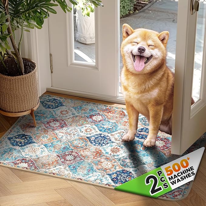 Hompet 2 Pack Super Absorbent Dog Door Mat for Muddy Paws, Washable Pee Pads for Dogs, Reusable Puppy Training Pads, Quick Dry Non-Slip Pet Entryway Rug, Leak-Proof Potty Pad for Indoor Floors 19x30