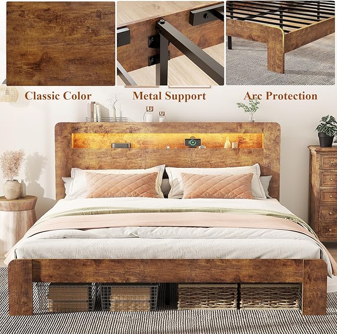 Wooden Bed Frame King Size with Storage Headboard - Farmhouse Platform Bed Frame with Bookcase Shelf & Led Lights, Sturdy Wood Slat Framework Bed Frame (Rustic Brown LED)