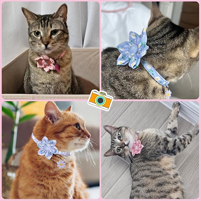 Breakaway Cat Collars for Girl Boy Cats, 2 Pack Cute Kitten Collar with Bells & Flowers, Safety Adjustable Female Male Kitty Puppy Floral Collar Pink & Blue, Small Pet Spring Gifts