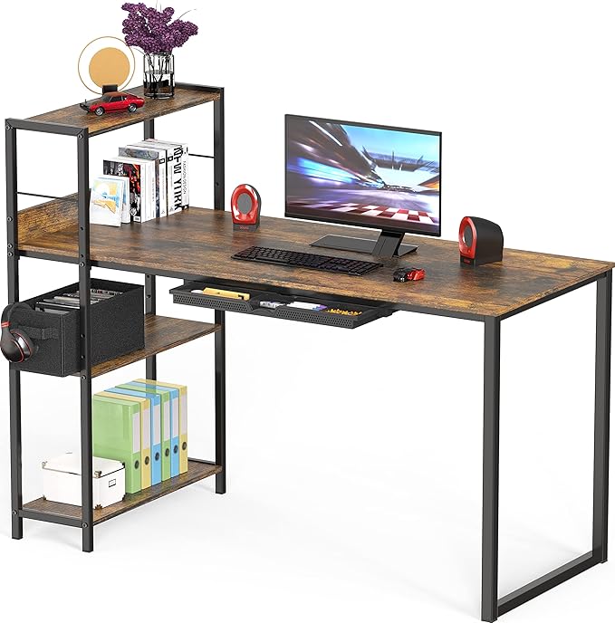 SHW 46-Inch Home Office Mission Computer Desk with Side Shelf and Drawer, Rustic Brown