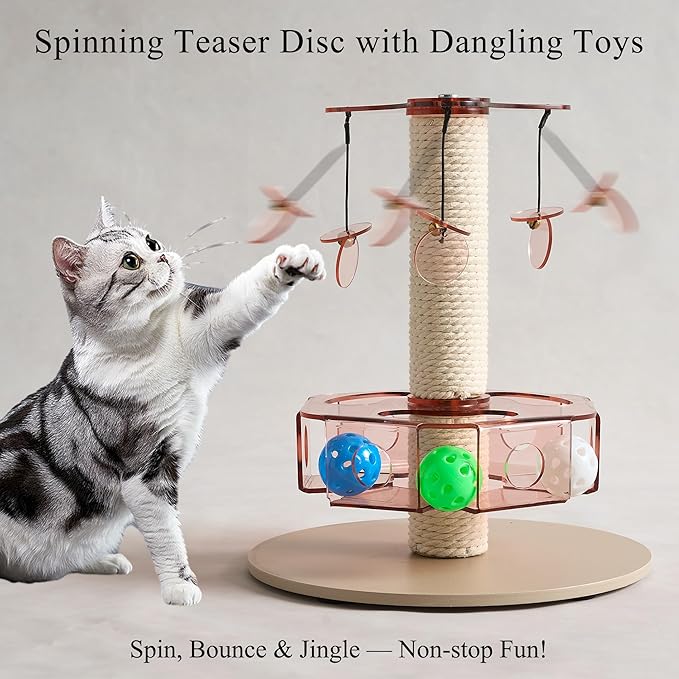Modern 3-in-1 Interactive Cat Toy with Scratching Post, Rotating Cat Puzzle Toys for Indoor Cats with Colorful Jingle Balls, Spinning Teaser Disc with Dangling Toys, Acrylic, Pink