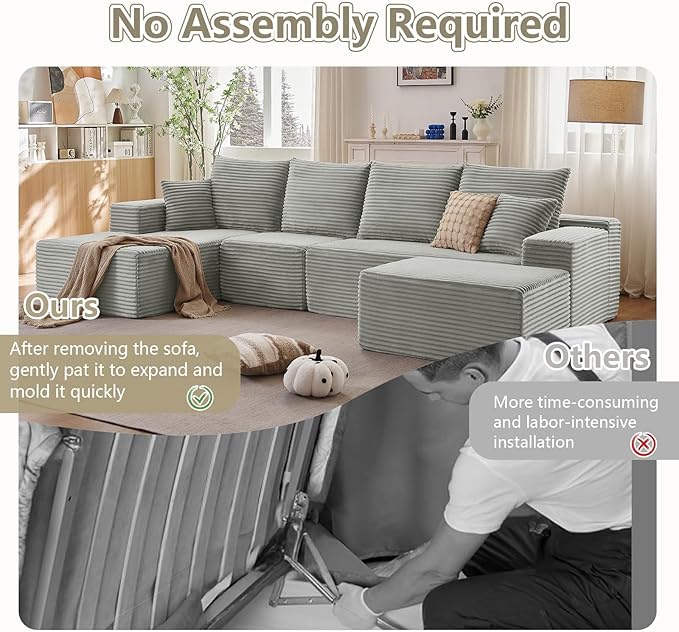 135" L-Shape Sofa with Ottoman, Modern Modular Sectional Comfy U-Shape Cloud Couch, Deep Seat, Upholstered Corduroy Sleeper Chaise Longue for Living Room Bedroom, No Assembly Required, Grey