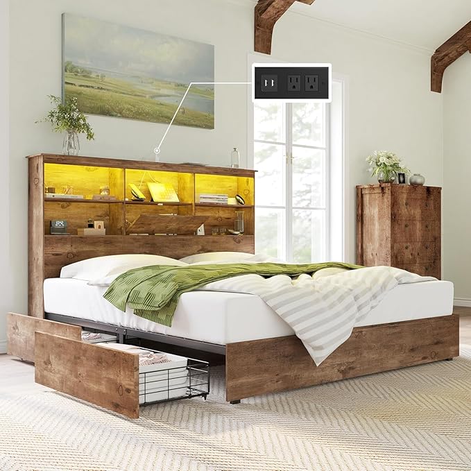 AMERLIFE King Size Bed Frame Wooden Platform Bed with 51.2" Storage LED Bookcase Headboard, Charging Station & 4 Storage Drawers/No Box Spring Needed/Noise Free/Rustic Brown