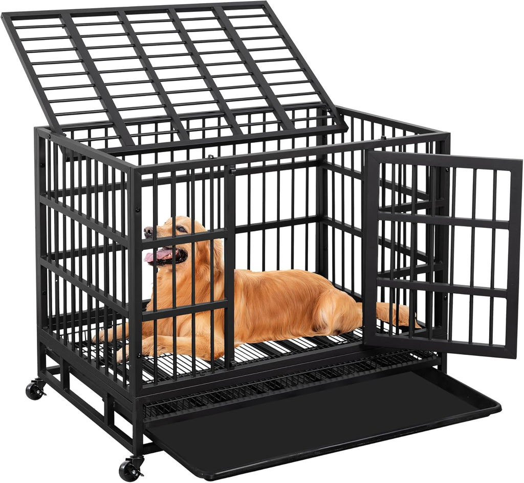 JY QAQA 48/38 Inch Heavy Duty Indestructible Dog Crate Double Doors Escape Proof Cage Kennel,Enhanced Metal Pet Cage,Extra Large Crate Indoor for Large Dog with Removable Tray and Lockable Wheels