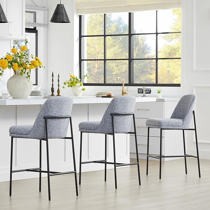 CHITA Counter Height Bar Stools Set of 2, FSC Certified Metal Barstools for Kitchen Island, 27" H Seat Height, Fabric, Grey (Multi-Colored)