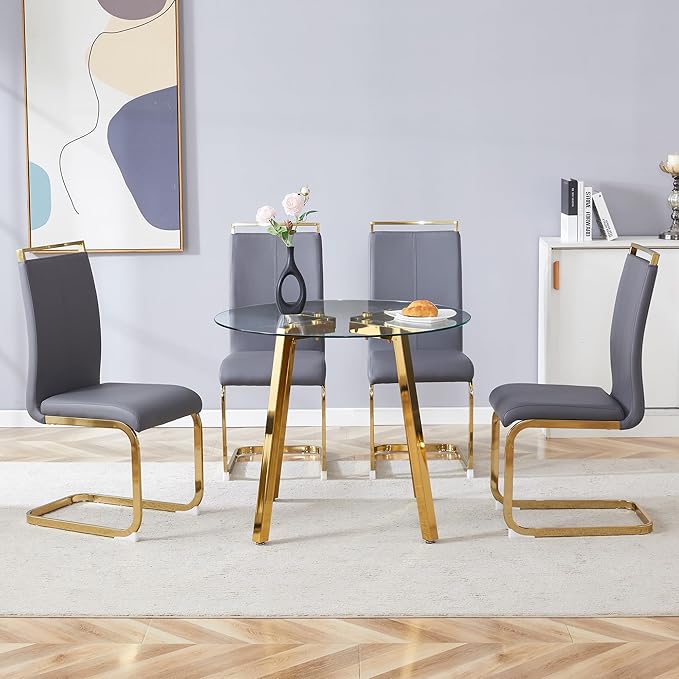 Round Dining Table Set for 4,36" Glass Dining Table Set for 4 with Stainless Steel Leg,Small Kitchen Table with 4 Cushion Chairs,5 Piece Dining Room Table Set Space Saving
