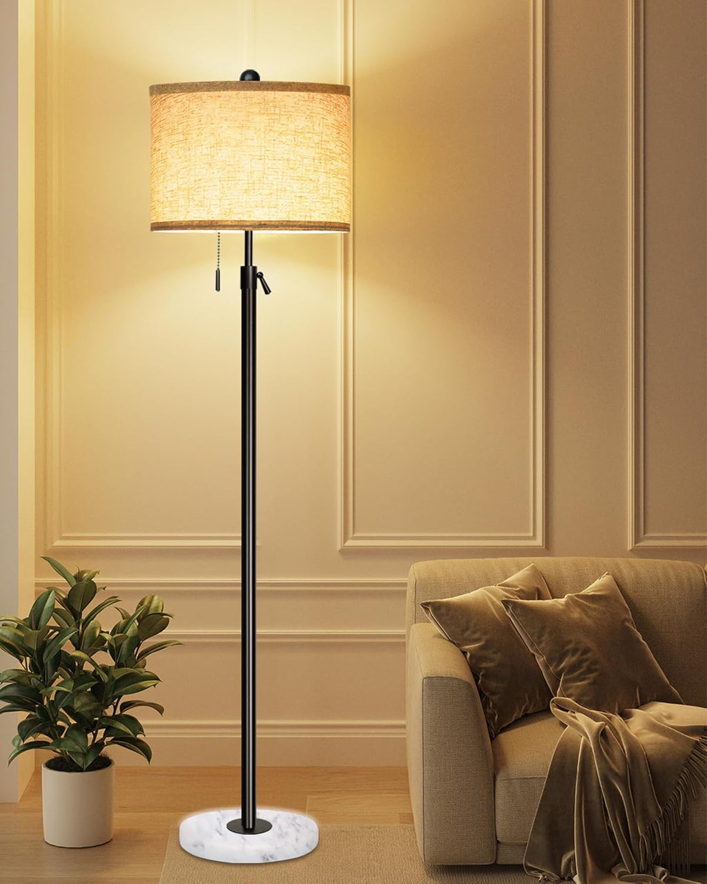 Floor Lamp for Living Room - Adjustable Height Standing Lamp with Marble Base & Linen Shade - Tall Pole Floor Light with 3 Color Temperatures Bulb for Bedroom, Reading - Easy Assembly