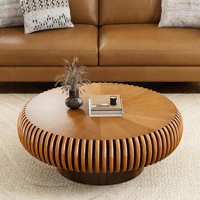 Brown Round Coffee Table for Living Room Round Fluted Drum Coffee Table Modern Fluted Coffee Tables for Living Room (Brown, 31.4 inch)