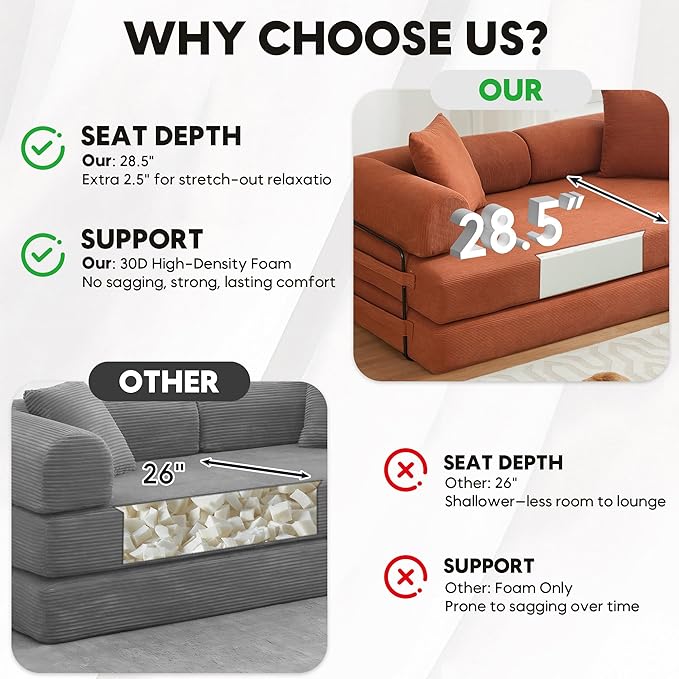 Convertible Sleeper Sofa Bed with Cylindrical Pillow, Corduroy Folding Mattress Couch with Fixed-Shape Frame, Floor Sofa Lounge Couch for Living Room Bedroom Lounge Studio, Orange