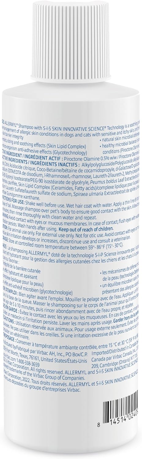 Allermyl Medicated Pet Shampoo Hypoallergenic, Soothing and Moisturizing Shampoo for Allergic Dogs and Cats (by Virbac)