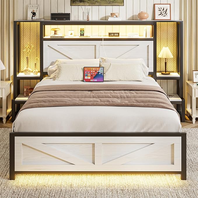 Full Size Rustic Bed Frame with Storage Born Door Headboard and Bedside Storage, Industrial Farmhouse Metal Platform Bed Frame with Charging Station and LED Lights, White