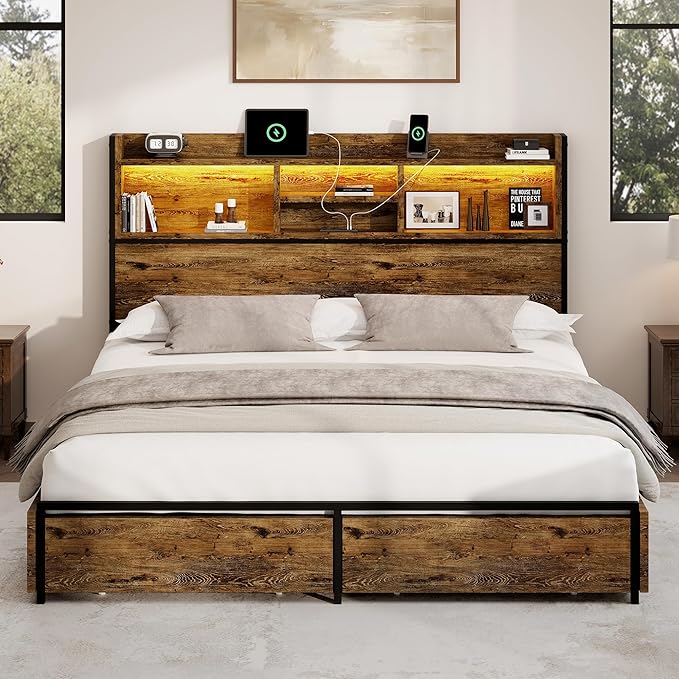 Queen Storage Bed Frame with 6 Drawers, USB Charging Station, No Noise, No Box Spring Required, Vintage Brown Headboard Platform Bed