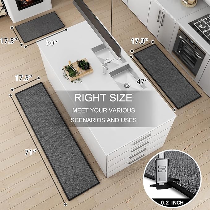 Kitchen Mat Set of 2 PCS, Cushioned Non Slip Rugs for Kitchen Floor, Absorbent Runner Comfort Standing Mats Washable for Kitchen, Office, Home, 17.3"x47"+17.3"x30" (Black)