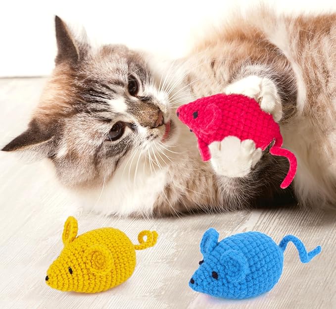 Retro Shaw Catnip Toys Crochet Mouse, 6 Pcs Yarn Cat Nip Mice Safe Teeth Cleaning Chew Toy for Indoor Kittens Kitty, Interactive Catnip Cat Kicker Toys
