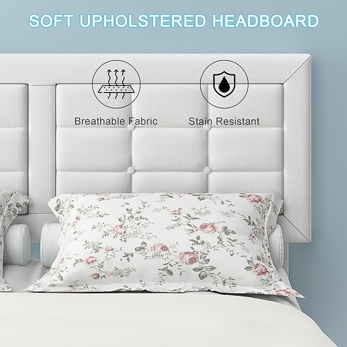 VECELO Full Size Bed Frame with Adjustable Headboard, Upholstered Button Tufted Platform Bedframe with Wood Slats Support, No Box Spring Needed, Linen & White
