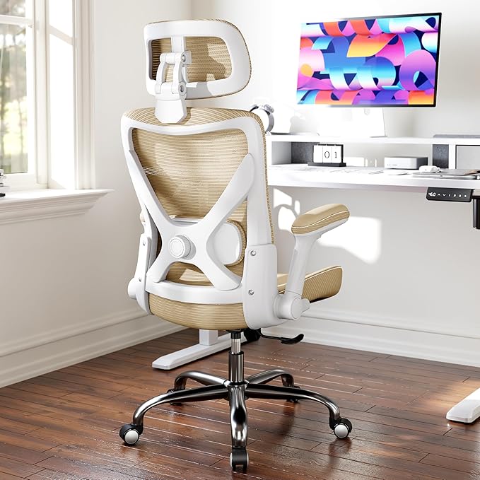 Office Home Ergonomic Desk Chair-Computer X-Shaped Chair Mesh PU Leather with Adjustable Lumbar Support-Executive Chair High Back with Headrest Flip-Up Arms for Long Hours (Khaki)
