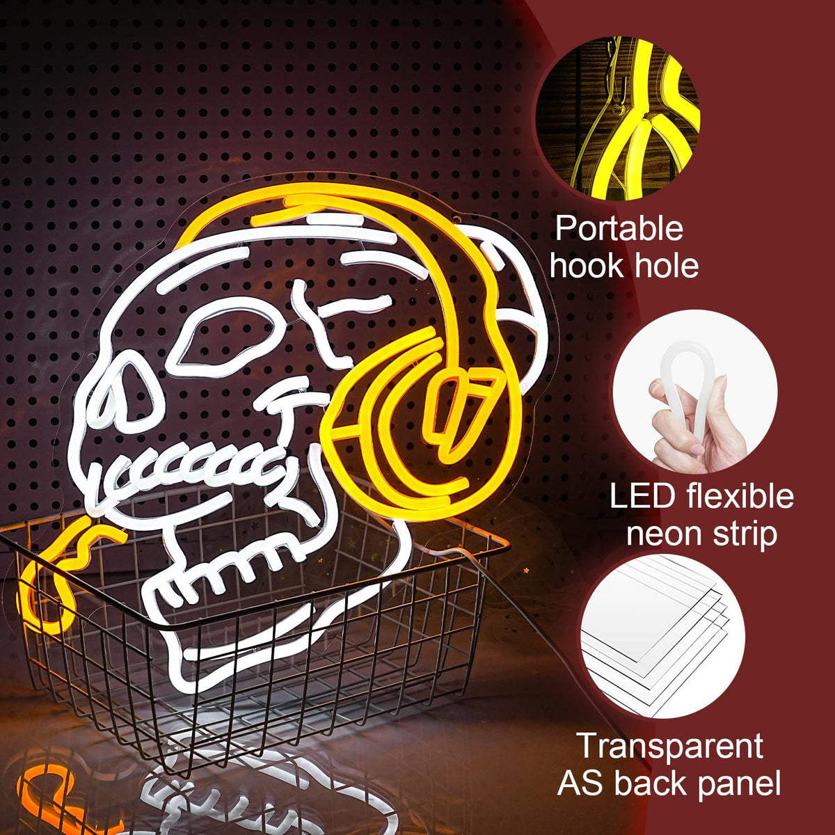 Skull Headphone Neon Sign Headphone Neon Light for Wall Decor LED Dimmable USB Skull Light Up Sign for Halloween Party Game Room Personalized Gifts(12.6 * 16.5In)