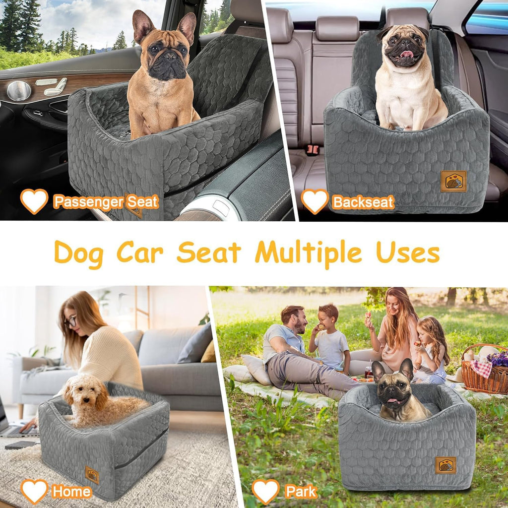 Dog Car Seat for Small/Medium Dogs, Memory Foam Dog Booster Seat, Travel Safety Per Car Seat with Washable Removable Cover, Storage Pockets for Dogs up to 35 lbs(Gray)