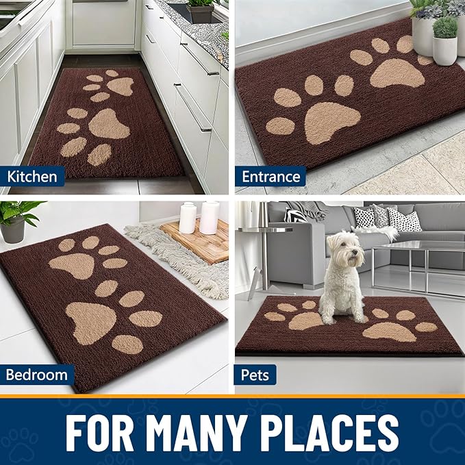 Smiry Dog Door Mat for Muddy Paws, Absorbs Moisture and Dirt, Low-Profile Entryway Mat with Non-Slip Backing, Entry Indoor Outdoor Doormat for Inside Floor (59x24 Inches, Brown, Paw)