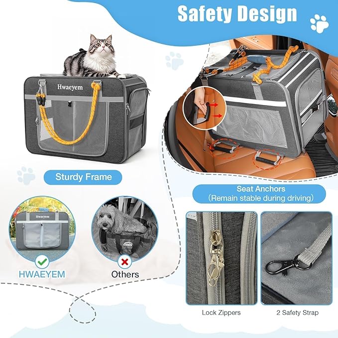 Extra Large Cat Carrier for 2 Cats with Wheels, 24" X 15" X 17" Dual-Compartment Cat Car Travel Carrier, Breathable Rolling Dog Carriers for Small Dogs with Zipper Locks, Light Gray