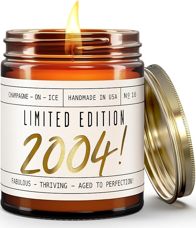 Soy and Sass 21st Birthday Jar Candle - 'Limited Edition 2004' Champagne on Ice Scent, 9oz Reusable Jar, 50Hr Burn, Made in USA