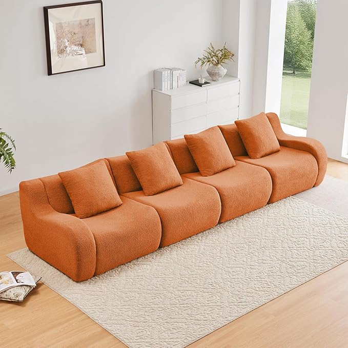 Orange 4-Seater Cloud Couch, Modern Teddy Fabric Boneless Sectional Sofa in a Box for Living Room, Modular Floor Couch, Comfortable Deep Seat, No Assembly Required, Sofas para Sala