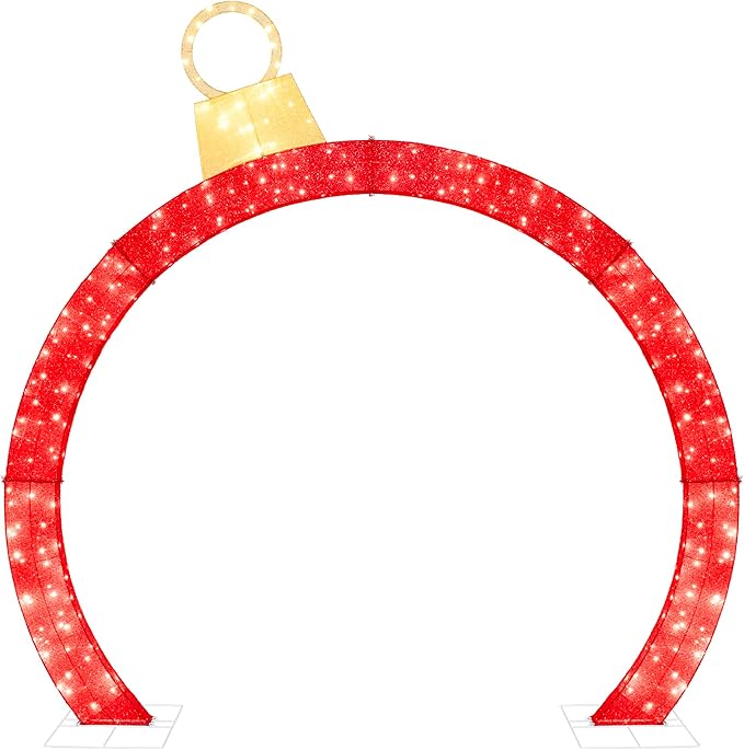 Best Choice Products Large Outdoor Christmas Lighted Archway Decoration, 9.5ft XL with Gold Ornament Cap, 330 LED Lights, Holiday Yard Décor - Red