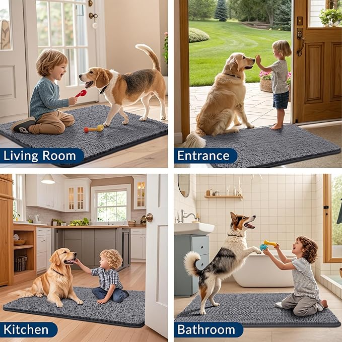 Smiry Dog Door Mat for Muddy Paws 59x20, Absorbs Moisture and Dirt Doormat, Non-Slip Washable Quick Dry Chenille Front Door Mat Indoor Entrance, Entryway Carpet for Inside Floor, Dark Grey