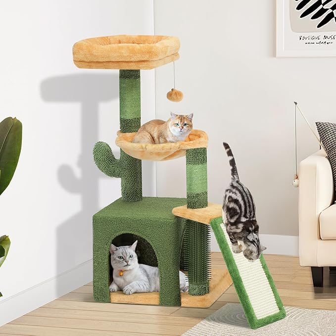YITAHOME 37in Tall Cactus Cat Tree Tower: Cute Kitten Climbing Tower with Self-Grooming Brush, for Indoor Cats with Kitty Condo Plush Platform Hammock Sisal Scratching Posts Dangling Ball