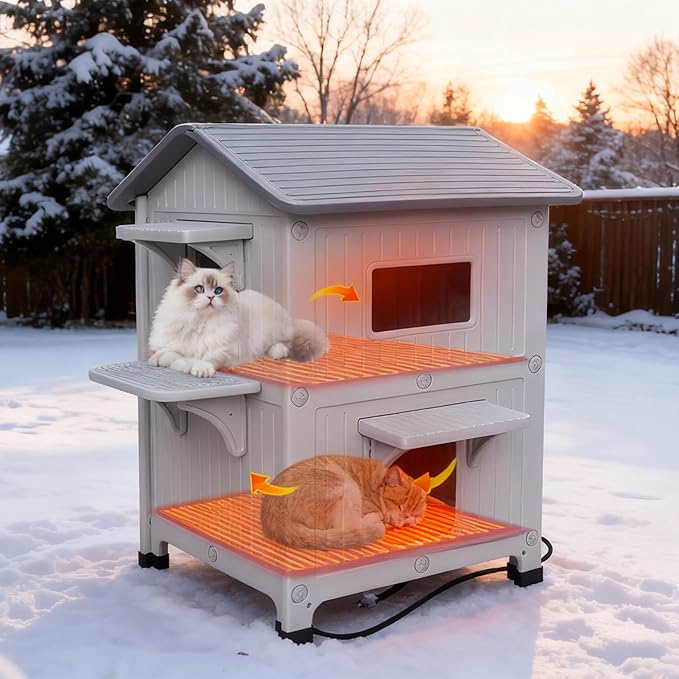 Rockever 2 Story Heated Cat House for Outside in Winter, 100% Waterproof Heated Cat House for Outdoor Cats with Heating Pad, Elevated Outdoor Cat House, Safe Escape Door for Outdoor Cats