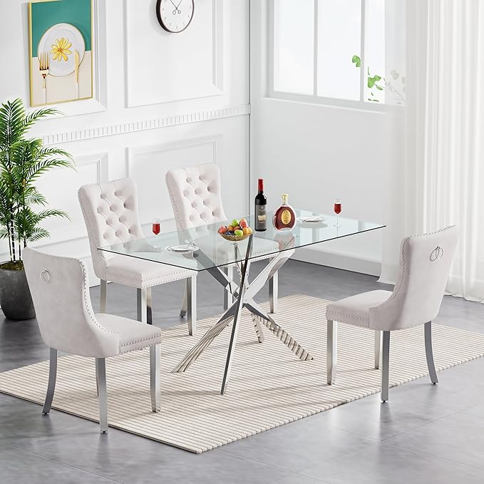 Goujxcy 5 Piece Glass Dining Table Set Modern Glass Dining Table Set for 4, 51" Rectangular Kitchen Table and 4 Velvet Upholstered Chairs for Kitchen Dining Room, Silver Table & Beige Chair
