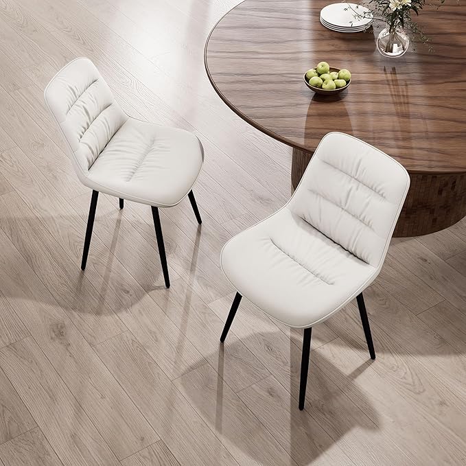 Kidol & Shellder Dining Chairs Set of 2, Modern Upholstered Faux Leather Kitchen Side Chairs with Comfortable Back - Mid-Century Armless Chair for Dining Living Room Bedrooms, with Metal Legs (White)