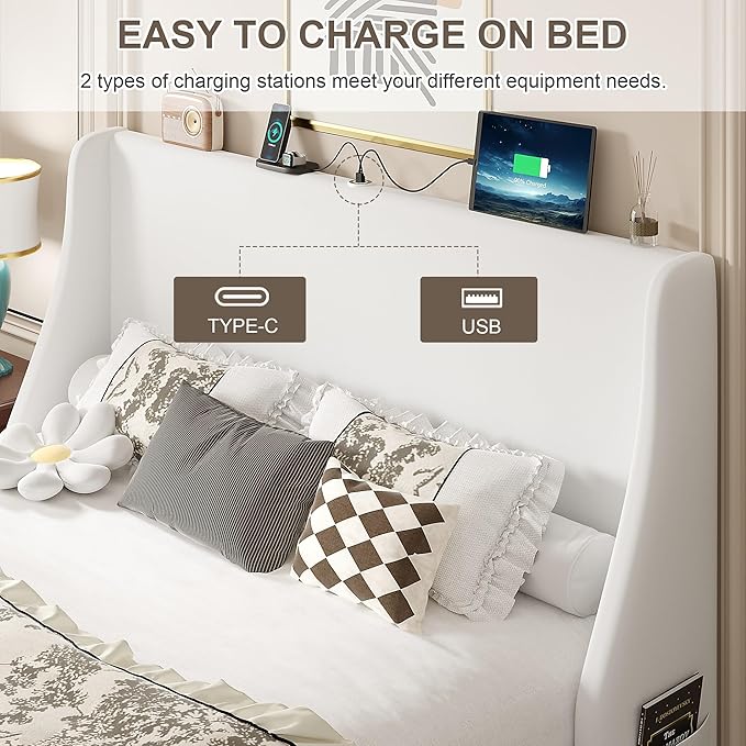 VECELO Full Bed Frame with Upholstered Wingback Headboard, Heavy-Duty Platform Bedframe with Charging Station, Wooden Slats, No Box Spring Needed, White