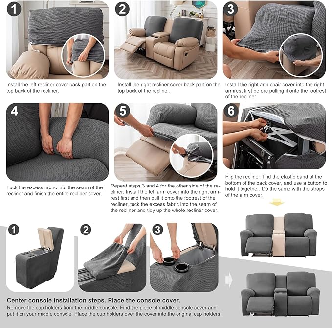 Genina Recliner Loveseat Covers with Console, Stretch Reclining Sofa Covers, 2 Seater Couch Cushion Stripe Jacquard Recliner Slipcovers - Furniture Protector Covers for Pet Kid (Dark Gray)